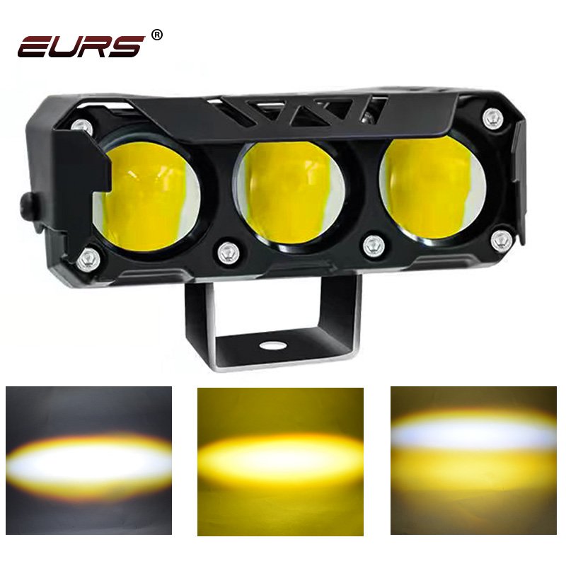 Fixed Model Three-eye Motorcycle Spotlight Two-color Bulb Headlight Led Electric Motor Lamp Near Yellow Far White High Light