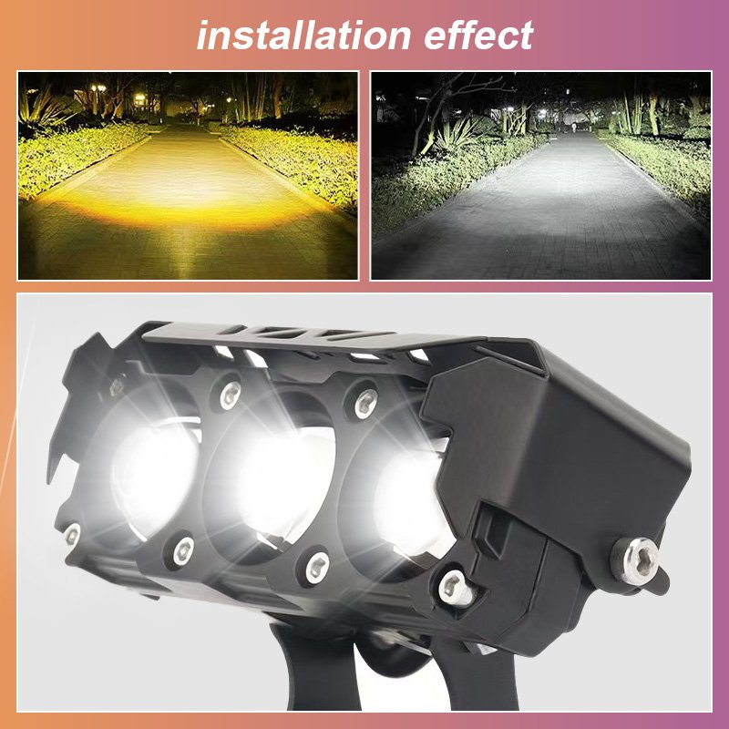 Fixed Model Three-eye Motorcycle Spotlight Two-color Bulb Headlight Led Electric Motor Lamp Near Yellow Far White High Light