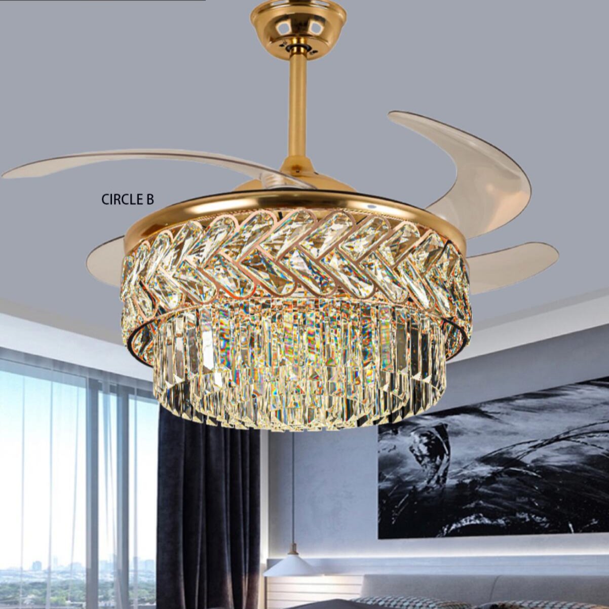 Modern Decorative Retractable Bedroom Livling Room Price Remote Control Crystal Chandelier Light Led Ceiling Fans