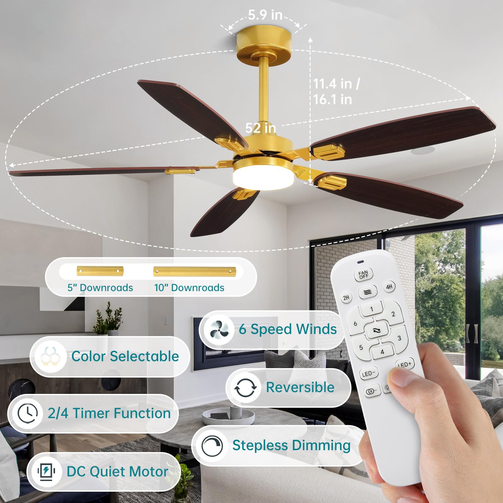 Modern 52 Inch Black and Gold Ceiling Fan with Light and Remote 6 Speeds Dimmable Indoor Ceiling Fan for Bedroom Living Room