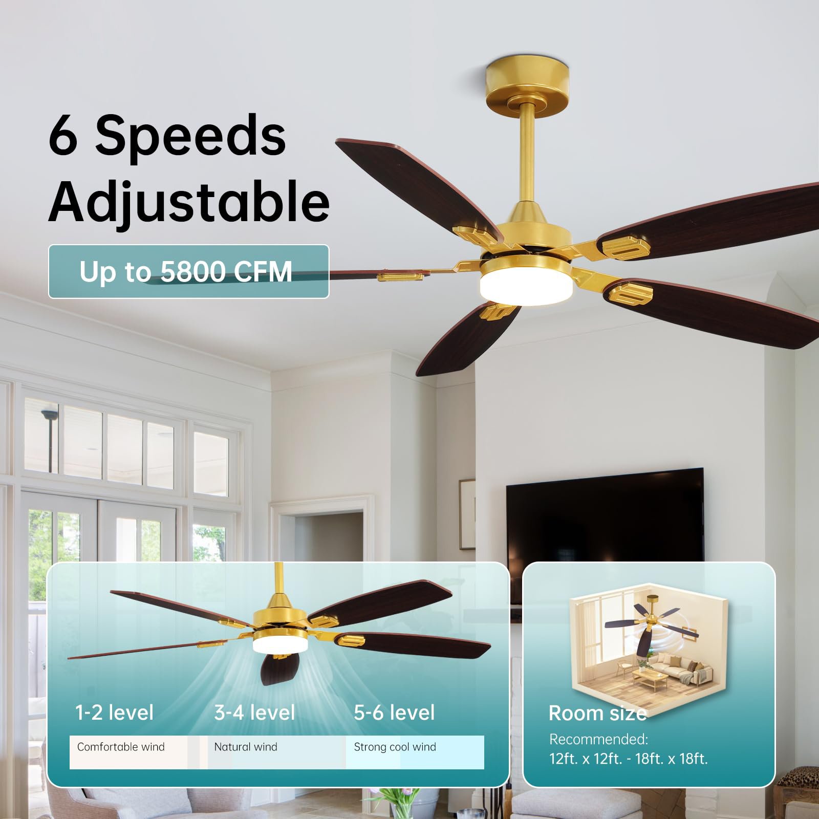 Modern 52 Inch Black and Gold Ceiling Fan with Light and Remote 6 Speeds Dimmable Indoor Ceiling Fan for Bedroom Living Room