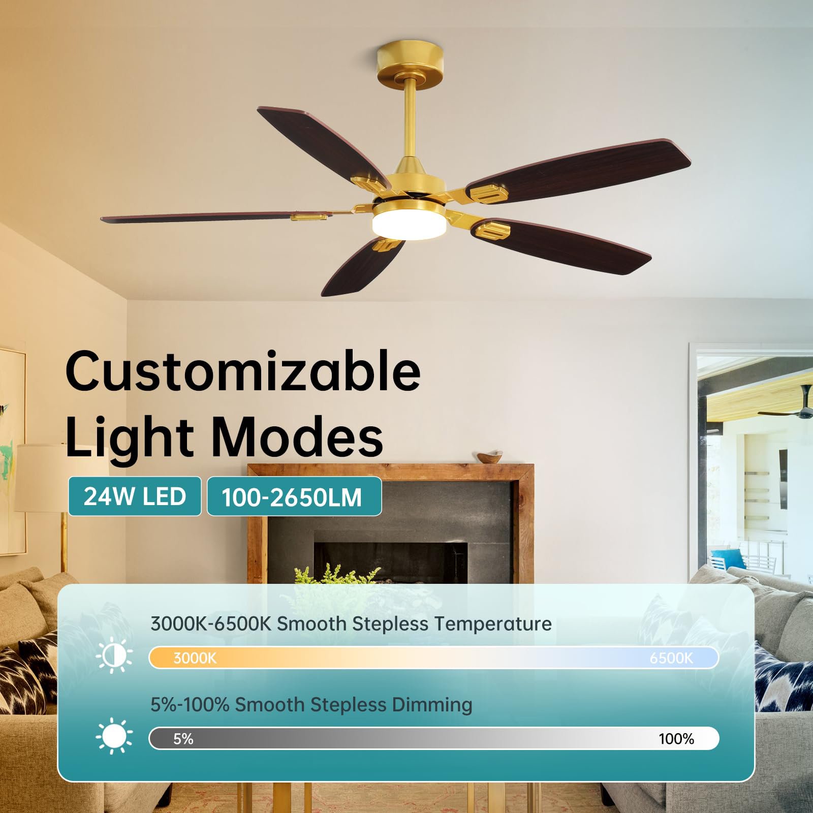 Modern 52 Inch Black and Gold Ceiling Fan with Light and Remote 6 Speeds Dimmable Indoor Ceiling Fan for Bedroom Living Room