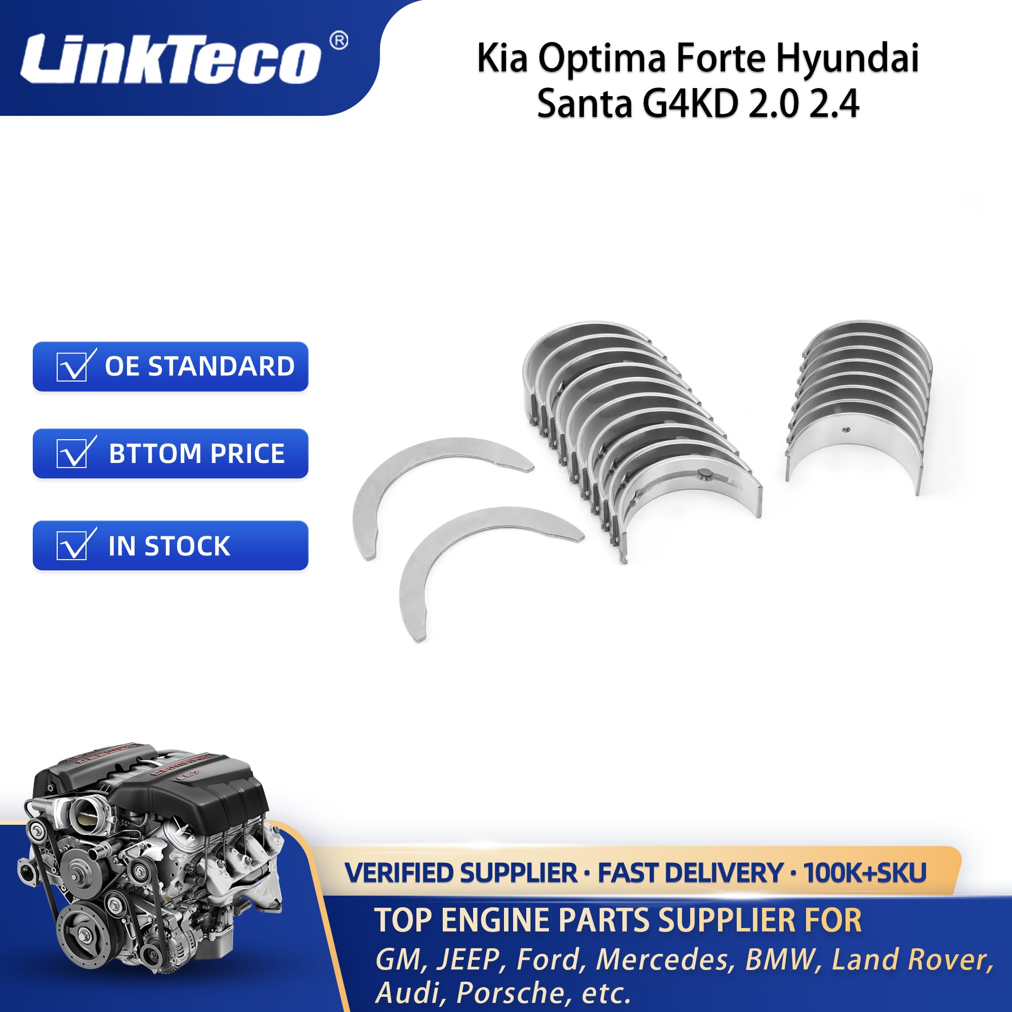 Linkteco Main & Rod Bearing Kit for Kia Optima Forte Hyundai Santa G4KD 2.0 2.4 2006-2016 21020-2G020 210202G100 21030-25000