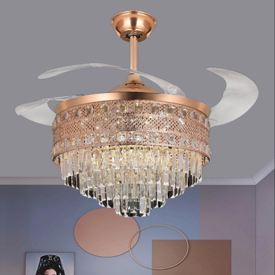 Modern 42-Inch Ceiling Fan With LED Lights Crystal Invisible Blade Chandelier for Home Décor Remote Control Bedroom Fan