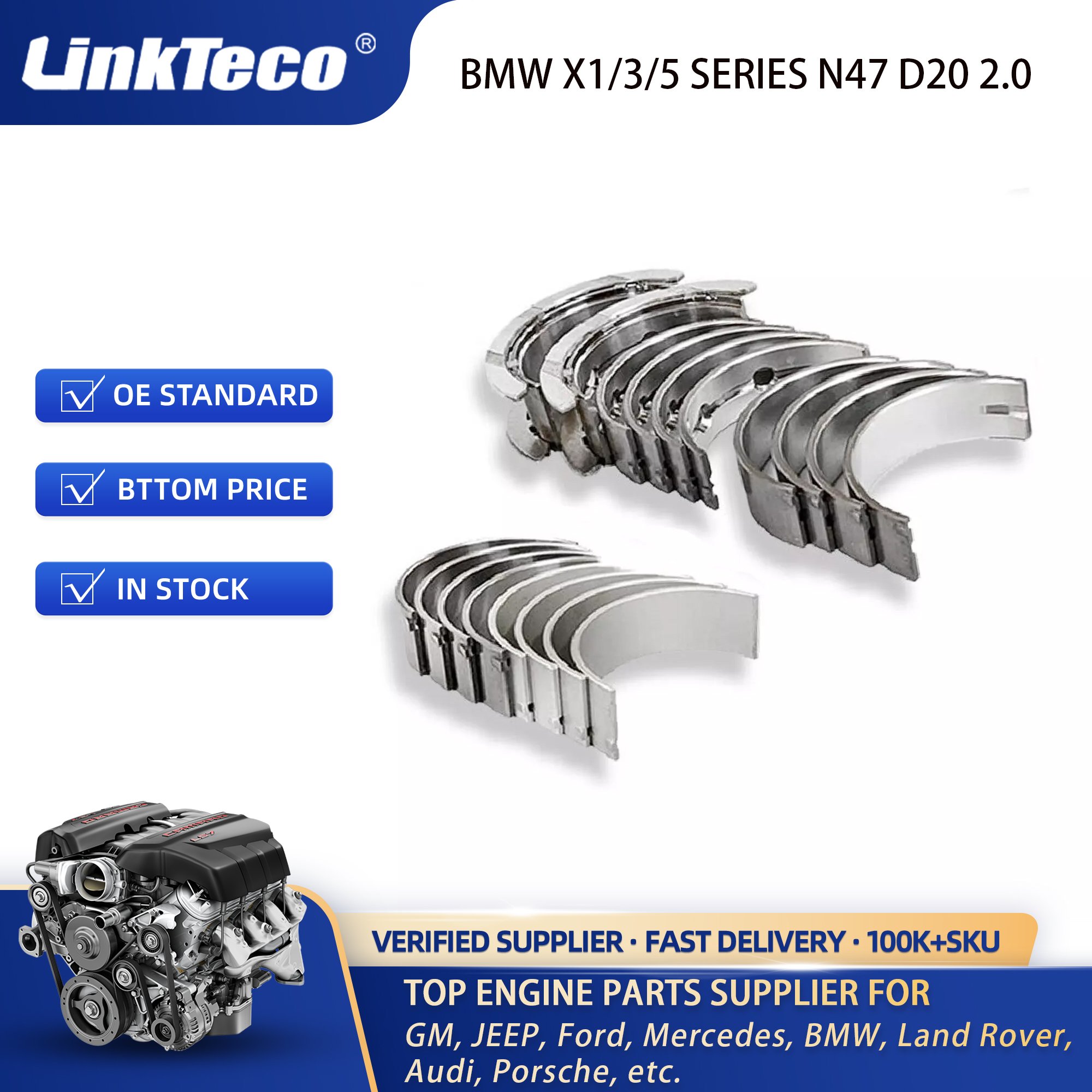 Linkteco Con Rod & Crankshaft Engine Bearing Set for BMW X1/3/5 SERIES N47 D20 2.0 77950600 MB5780SM 11247798085 11247798092