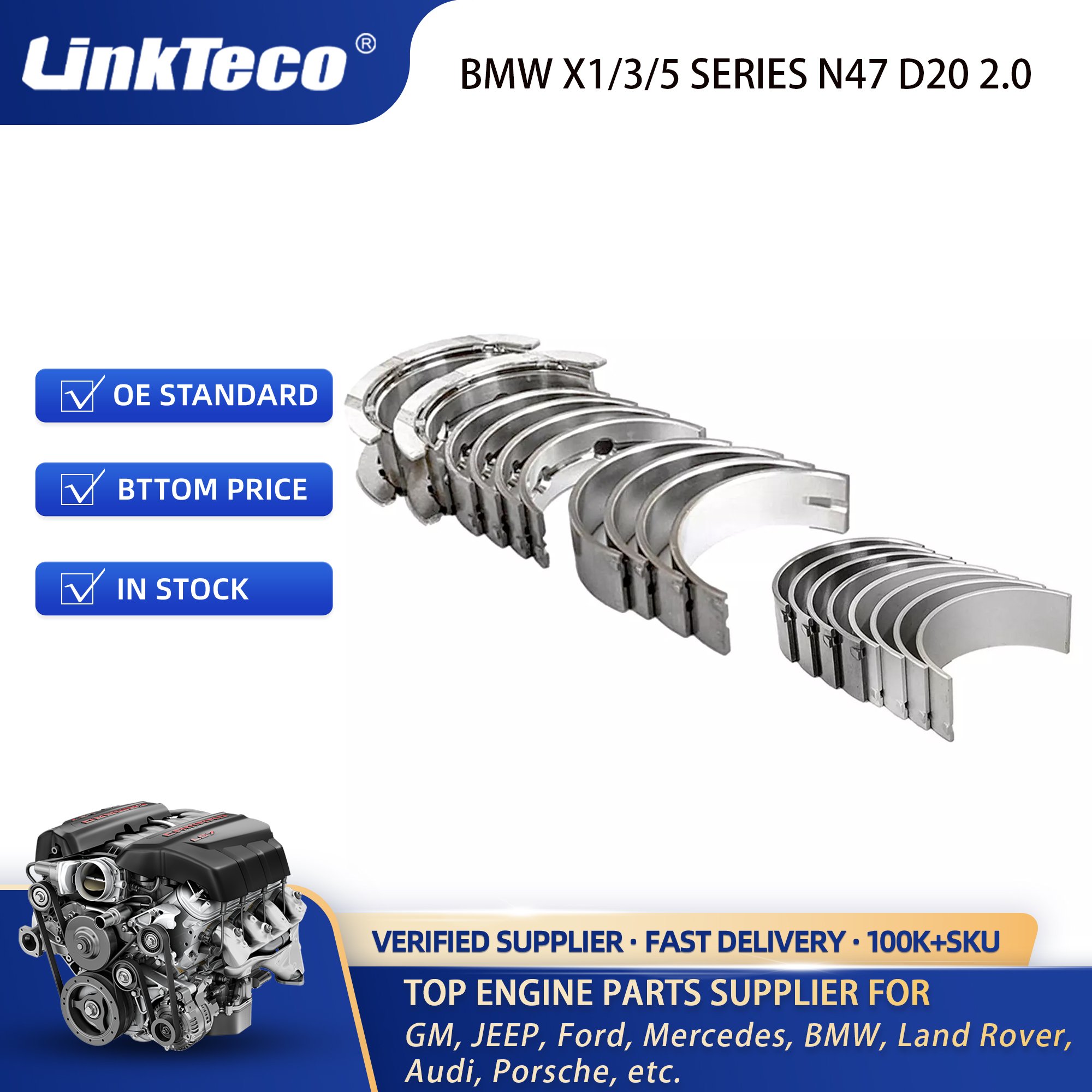 Linkteco Con Rod & Crankshaft Engine Bearing Set for BMW X1/3/5 SERIES N47 D20 2.0 77950600 MB5780SM 11247798085 11247798092