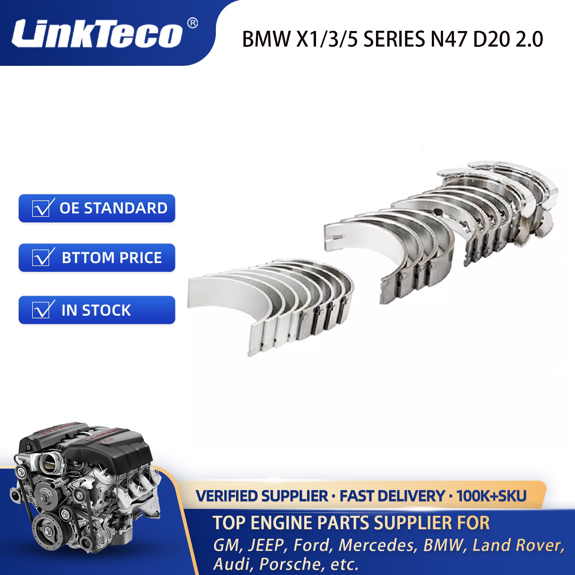Linkteco Con Rod & Crankshaft Engine Bearing Set for BMW X1/3/5 SERIES N47 D20 2.0 77950600 MB5780SM 11247798085 11247798092