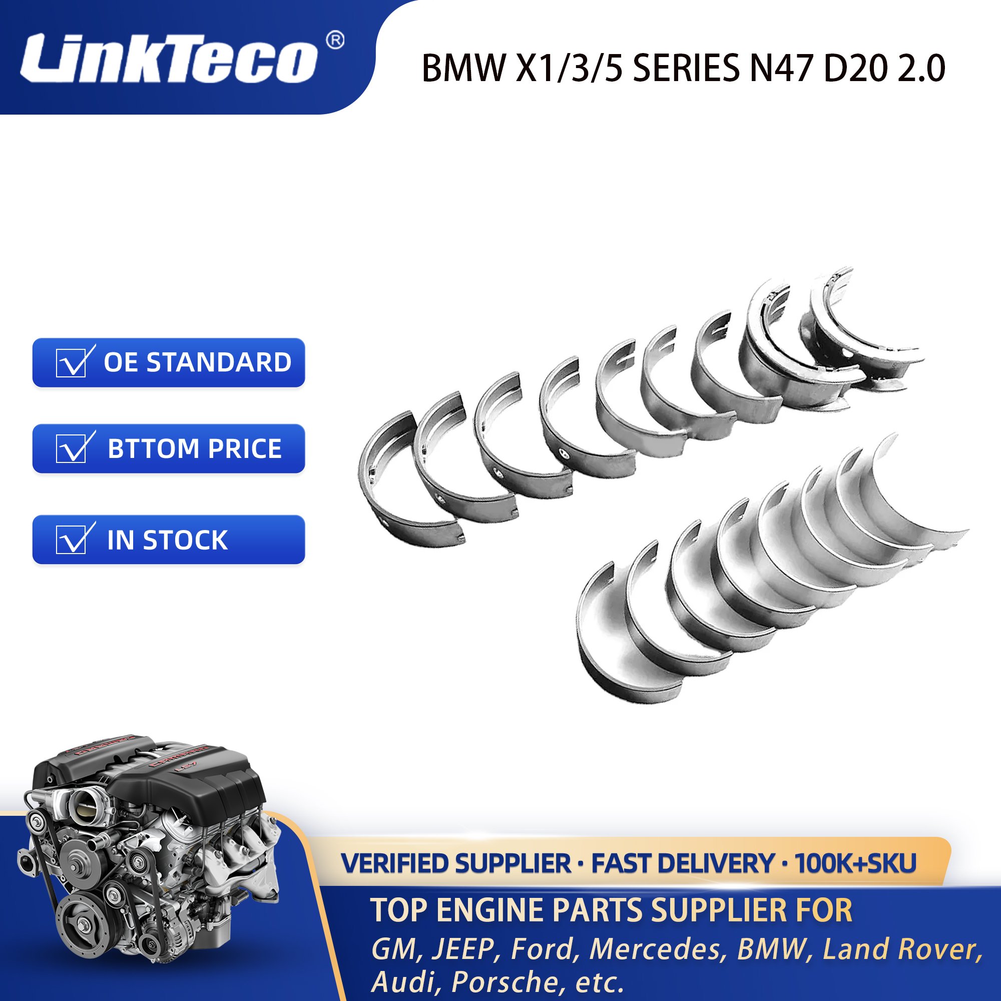 Linkteco Con Rod & Crankshaft Engine Bearing Set for BMW X1/3/5 SERIES N47 D20 2.0 77950600 MB5780SM 11247798085 11247798092