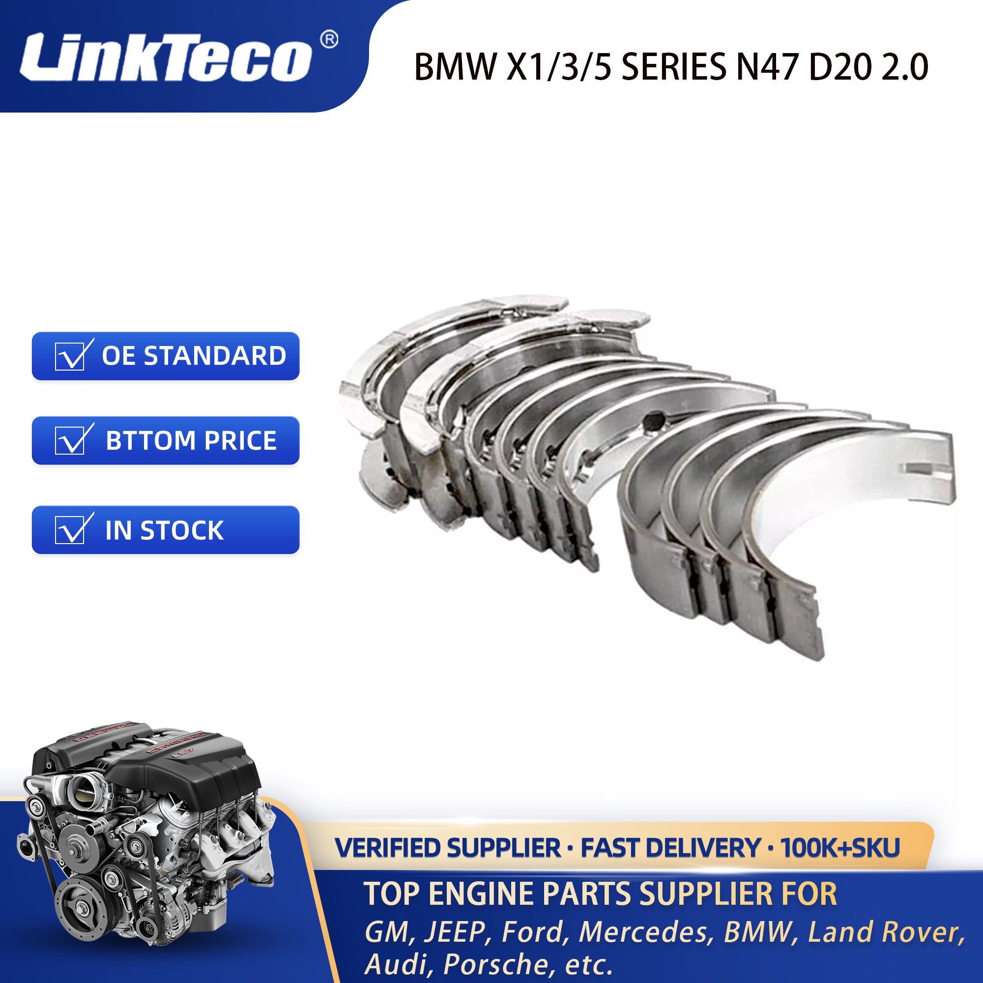 Linkteco Con Rod & Crankshaft Engine Bearing Set for BMW X1/3/5 SERIES N47 D20 2.0 77950600 MB5780SM 11247798085 11247798092