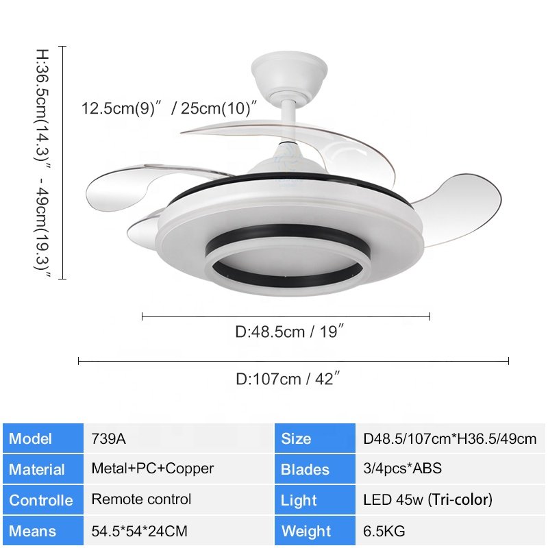 739A New 42-Inch Wave Shaped LED Light Invisible Bladeless Remote Control Fan Decorative DC Motor for Bedroom Ceiling Mount