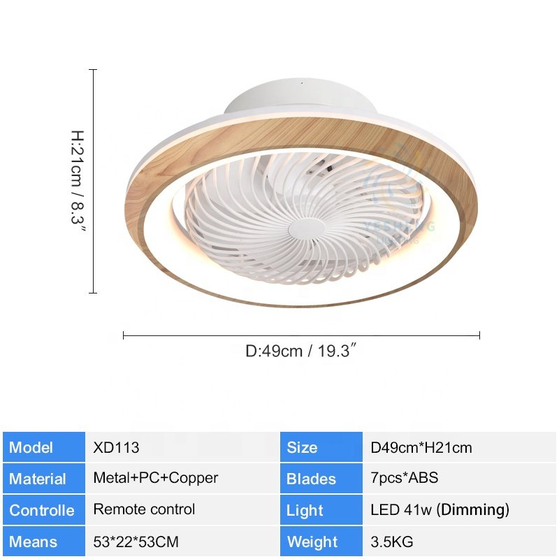 XD113 2024 New Woodgrain Bedroom Shake Head Fan Light Modern Bladeless Ceiling Fan with Led Light Remote Control