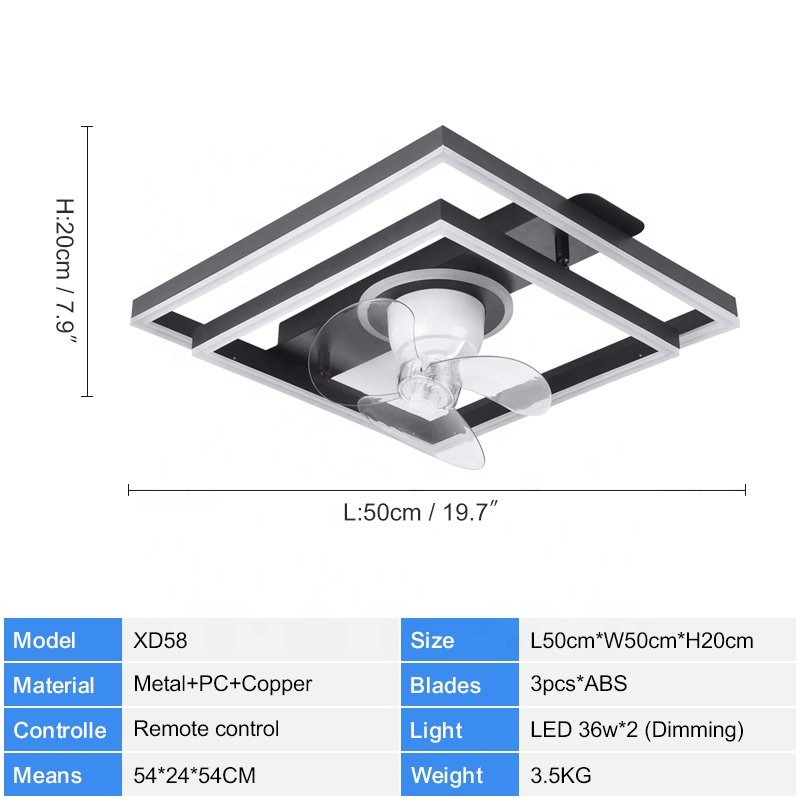 2024 New Modern Simplified 758 Square Bedroom Fan DC Motor 360° Rotating Shake Head Feature Remote Control Switch Included