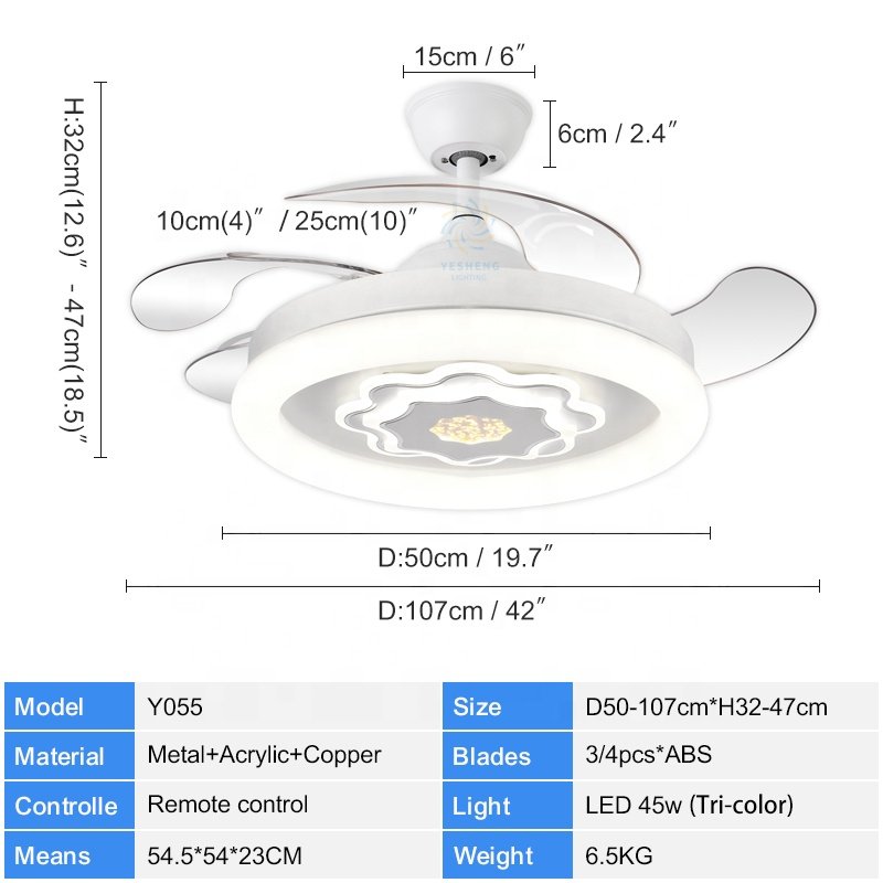 Y055 42-Inch Wave Shaped LED Light Invisible Bladeless Remote Control Fan DC Motor for Bedroom 110-220V Decorative Fan