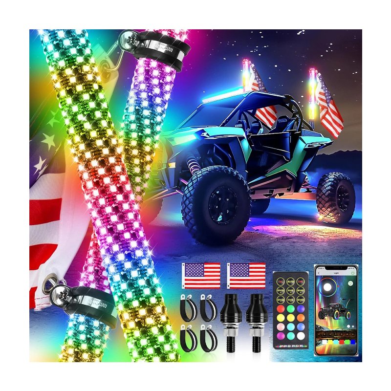APP Remote Control Brake Turn RGB Sprial Flashing Car Antenna Led Light 1FT 2FT 3FT Hyper Can Am X3 Maverick Fat Led Whip Lights