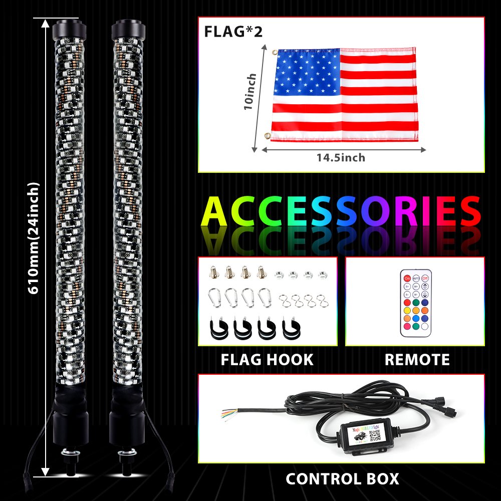 APP Remote Control 360 Degree Spiral Glowing Lighted Whip Music Function 1FT 2FT 3FT Fat LED Whip Light for ATV UTV Polaris RZR