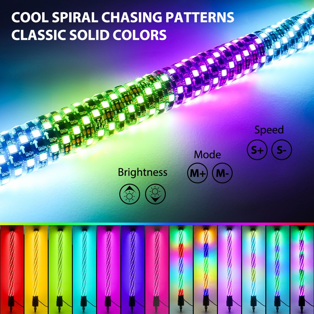 APP Remote Control 360 Degree Spiral Glowing Lighted Whip Music Function 1FT 2FT 3FT Fat LED Whip Light for ATV UTV Polaris RZR