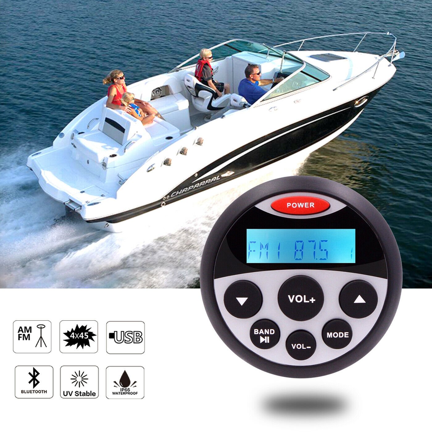 Car MP3 Player Marine Stereo Waterproof Radio Audio Receiver +3" Marine Waterproof Speaker+ Antenna for UTV ATV Boat Motorcycle