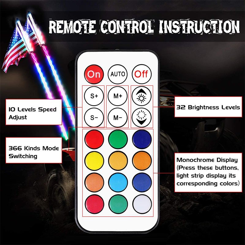 High Quality 3ft 4ft 5ft 6ft Waterproof Flexible Spiral RGB off Road Car Whip Antenna Lights Flag Pole Light for Atv Utv Atv