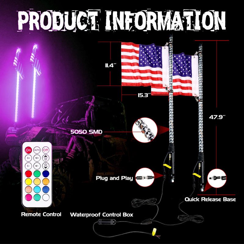 High Quality 3ft 4ft 5ft 6ft Waterproof Flexible Spiral RGB off Road Car Whip Antenna Lights Flag Pole Light for Atv Utv Atv