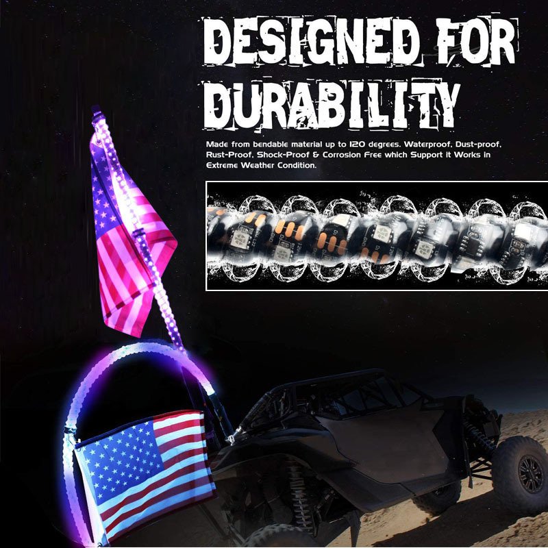High Quality 3ft 4ft 5ft 6ft Waterproof Flexible Spiral RGB off Road Car Whip Antenna Lights Flag Pole Light for Atv Utv Atv