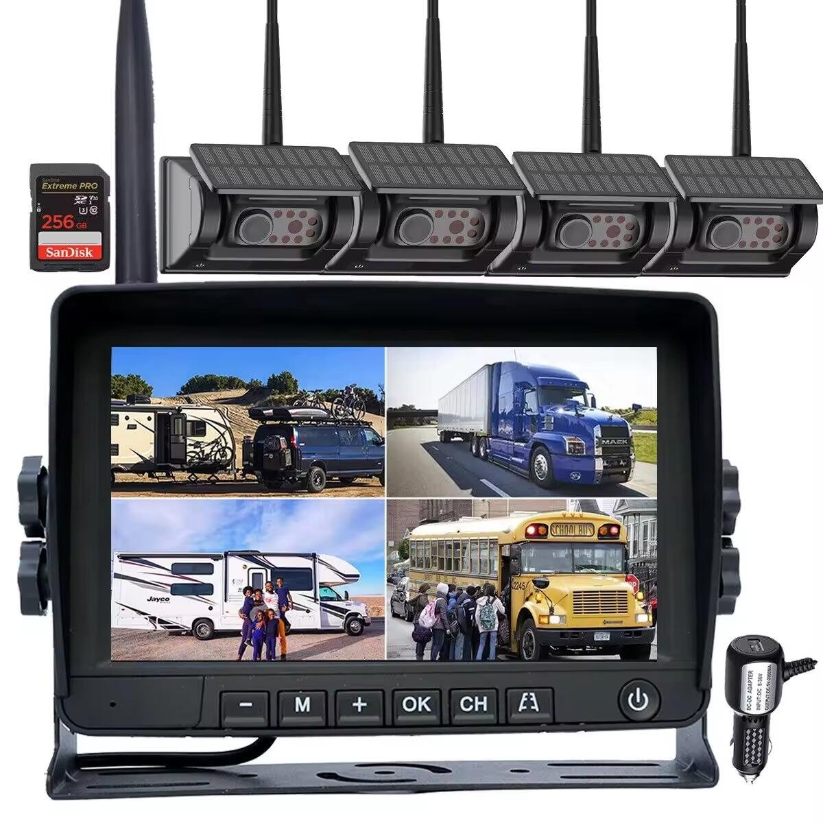7" Truck Monitoring System Solar-Powered Wifi Wire-Free Car Camera 360 Panoramic for Truck and Bus Outdoor Waterproof