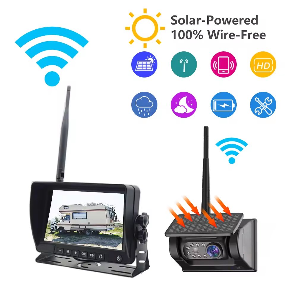 7" Truck Monitoring System Solar-Powered Wifi Wire-Free Car Camera 360 Panoramic for Truck and Bus Outdoor Waterproof