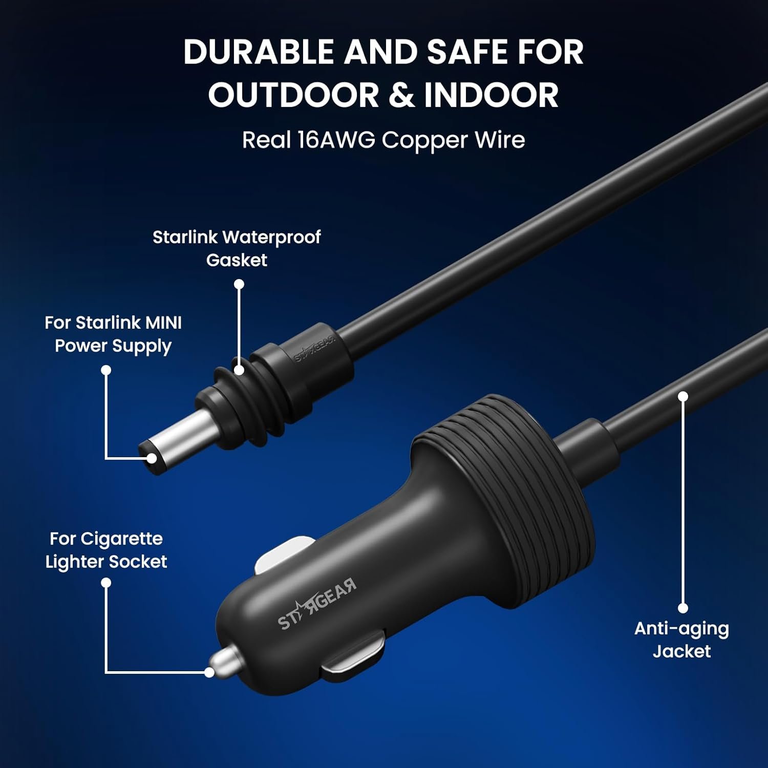 STARGEAR 3M/9.8FT 16 awg starlink mini cigarette cable starlink mini car cable 12v extension cable cigarette