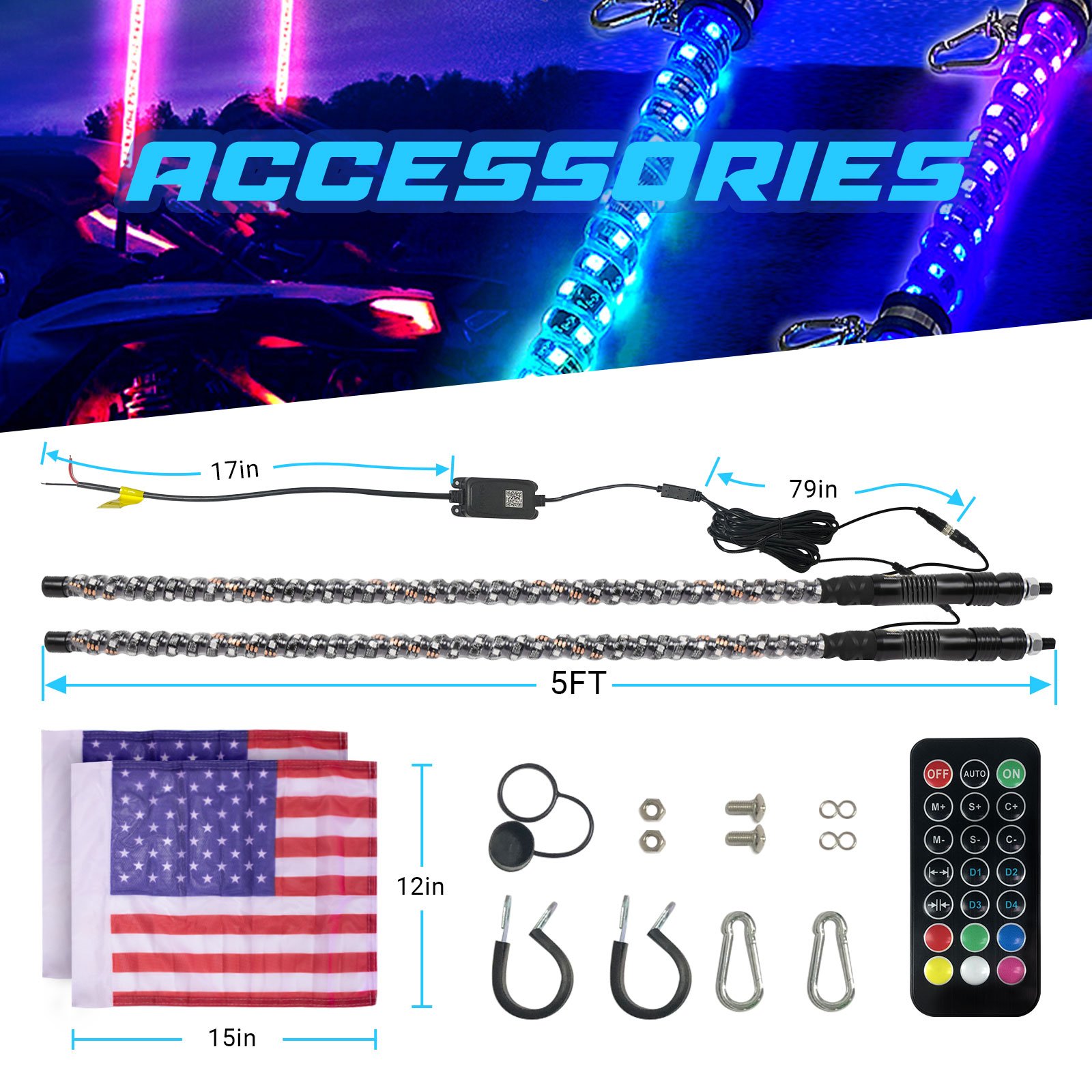 App and Remote Control Blue-tooths Flexible Spiral Rgb Antennas Offroad Car Utv Atv Rzr Flag Led Whips Light for Atv