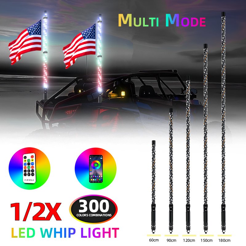 Flexible Bright Car RGB Antenna 2 ft 3 ft 4 ft 5 ft 6 ft Led Whip Lights for ATVS UTV RZR Can Am Polaris SXS