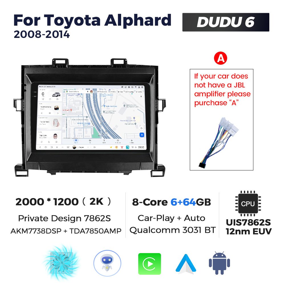 MEKEDE DUDUAUTO Car Radio Player 12+512GB 2K QLED Screen Car-play GPS Navigation 360 Camera for Toyota Alphard 2008-2014