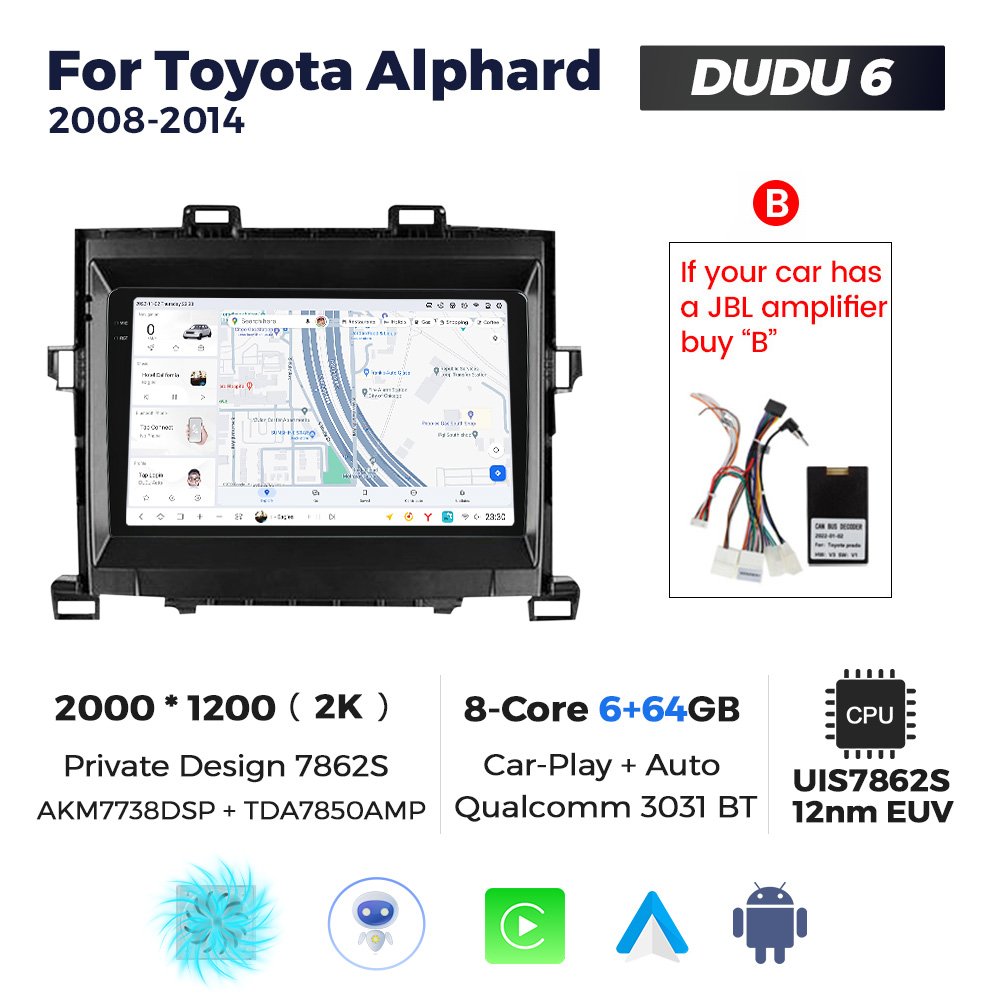 MEKEDE DUDUAUTO Car Radio Player 12+512GB 2K QLED Screen Car-play GPS Navigation 360 Camera for Toyota Alphard 2008-2014