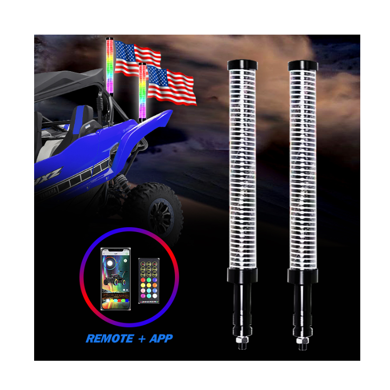 Remote RF APP Control RGB Sprial Luz Led Antena 2FT 3FT 1.75 Inch Hyper Fatty Led Whip Light for Polaris RZR UTV
