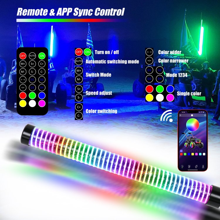 Remote RF APP Control RGB Sprial Luz Led Antena 2FT 3FT 1.75 Inch Hyper Fatty Led Whip Light for Polaris RZR UTV