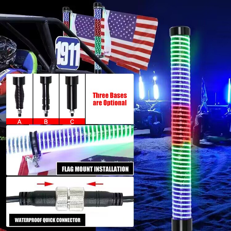 Remote RF APP Control RGB Sprial Luz Led Antena 2FT 3FT 1.75 Inch Hyper Fatty Led Whip Light for Polaris RZR UTV