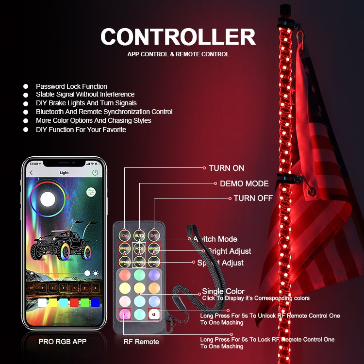 Universal Antennas for Truck Rgb Chasing Flag Led Whip Light Flexible Atv 4X4 Whips Utv Atv Accessories Can Am X3 Maverick