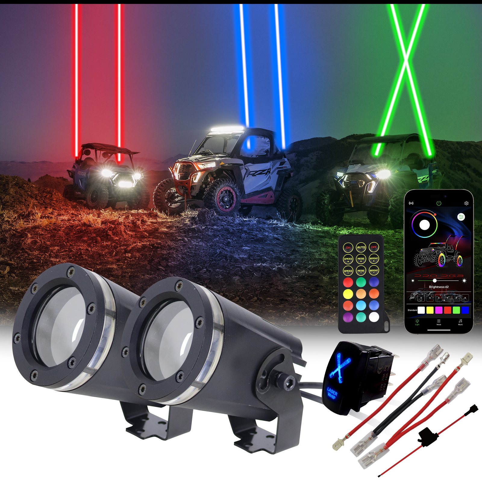 Whipless Whip Lights with Switch & Remote RGB Chase Light Antenna LED Laser Light for UTV ATV RZR Can Am Dune Buggy Truck Boat