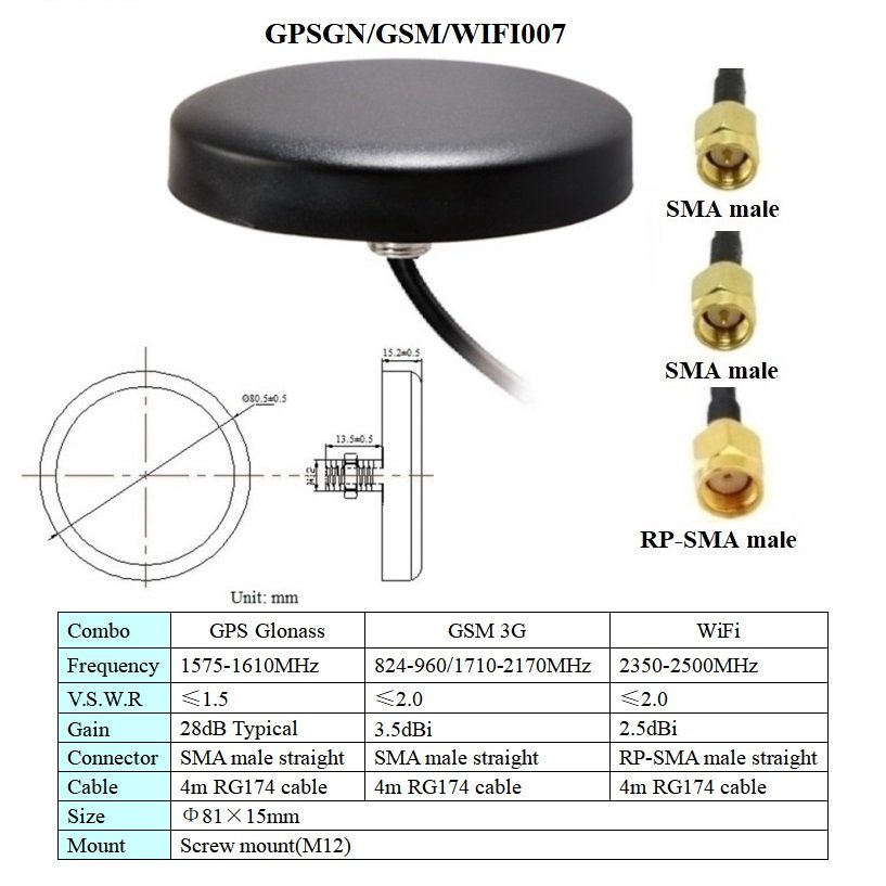 gps gsm wifi 3 in 1 combination aerial waterproof outdoor magnetic or screw mount GPS glonass gsm 3g wifi combo car antenna