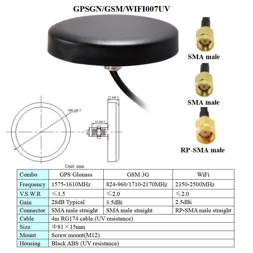 gps gsm wifi 3 in 1 combination aerial waterproof outdoor magnetic or screw mount GPS glonass gsm 3g wifi combo car antenna