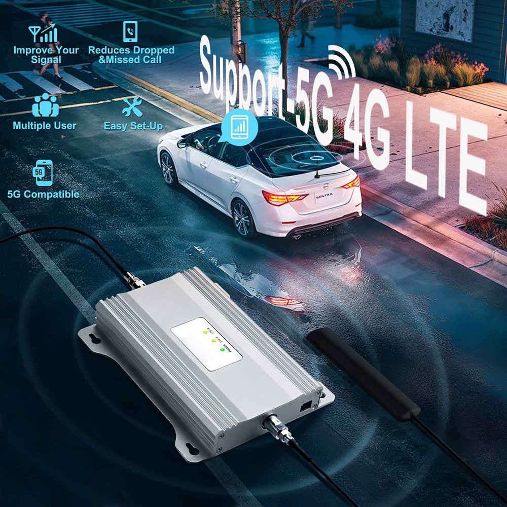 Five-Band Cell Phone Signal Booster for Vehicle Car Truck 4G LTE Band 2/4/5/12/13/17/25/66 Verizon Cell Booster Extender for Car