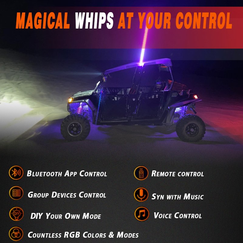 Custom LED Whip Light Offroad 2ft 3ft 4ft 5ft 6ft Spiral RGB Chasing Lighted Color Changing Bright Fat LED Whip Lights