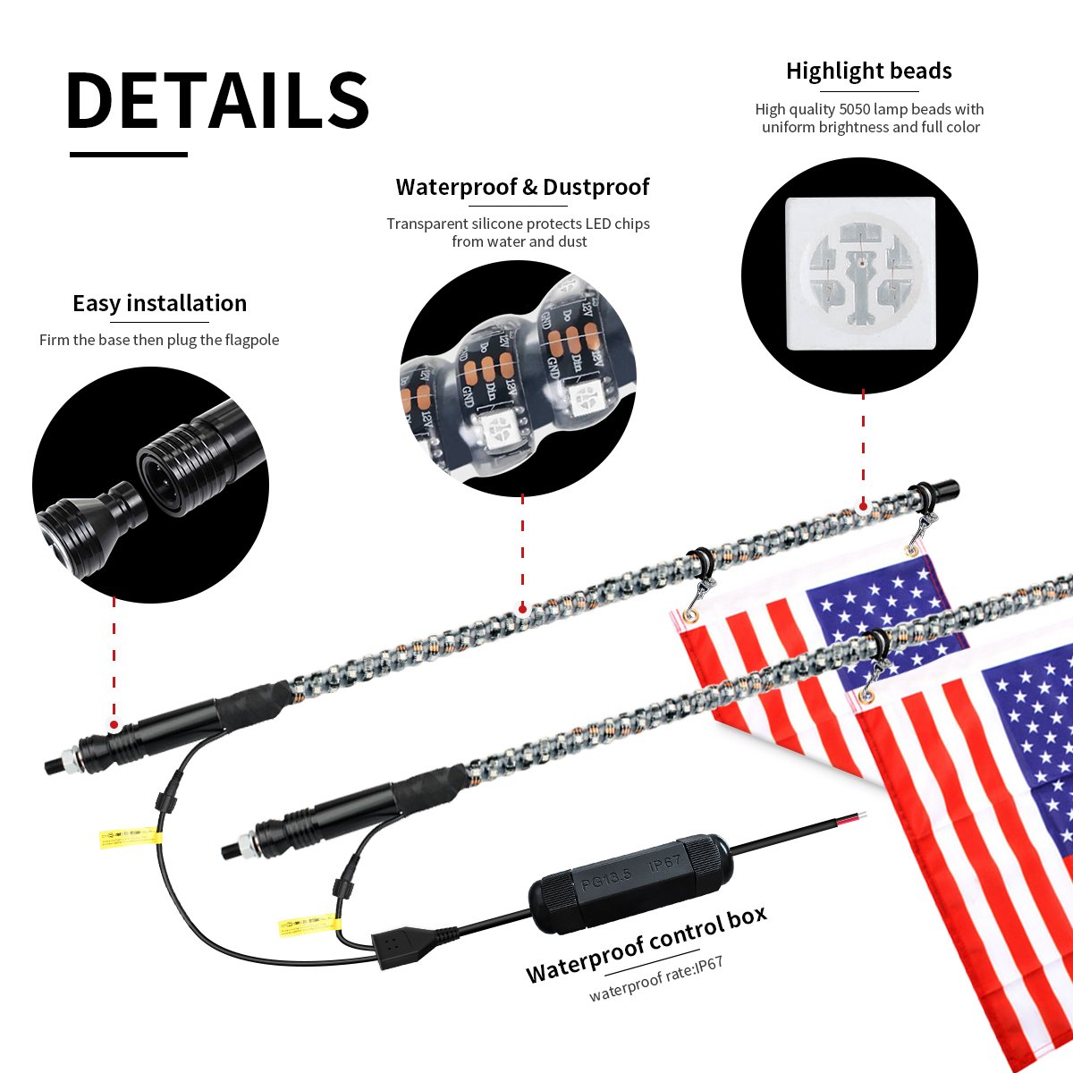 Car Lighting Accessories 2ft 3ft 4ft 5ft 6ft Flexible Spiral RGB Offroad Flag 5150 Bluetooh UTV ATV Led Antenna Whips Light