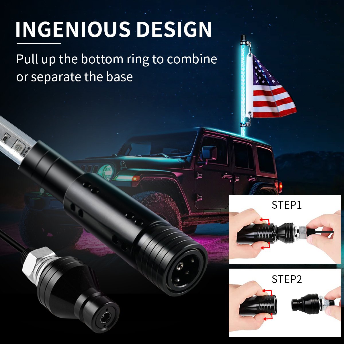 Utv Atv Accessories APP or Remote Control RGB Flashing Antena LED 1FT 2FT 3FT Led Whip for Polaris RZR