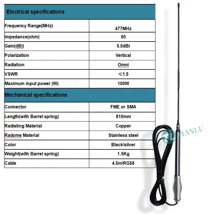 High quality 5.5dBi Heavy duty stainless steel spring base UHF 477MHz mobile vehicle antenna