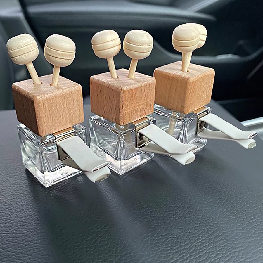 8ml Car Diffuser Glass Bottle Vent air Round Ball square Wooden Cap Glass Packaging Car Perfume Diffuser Bottle with Two Antenna