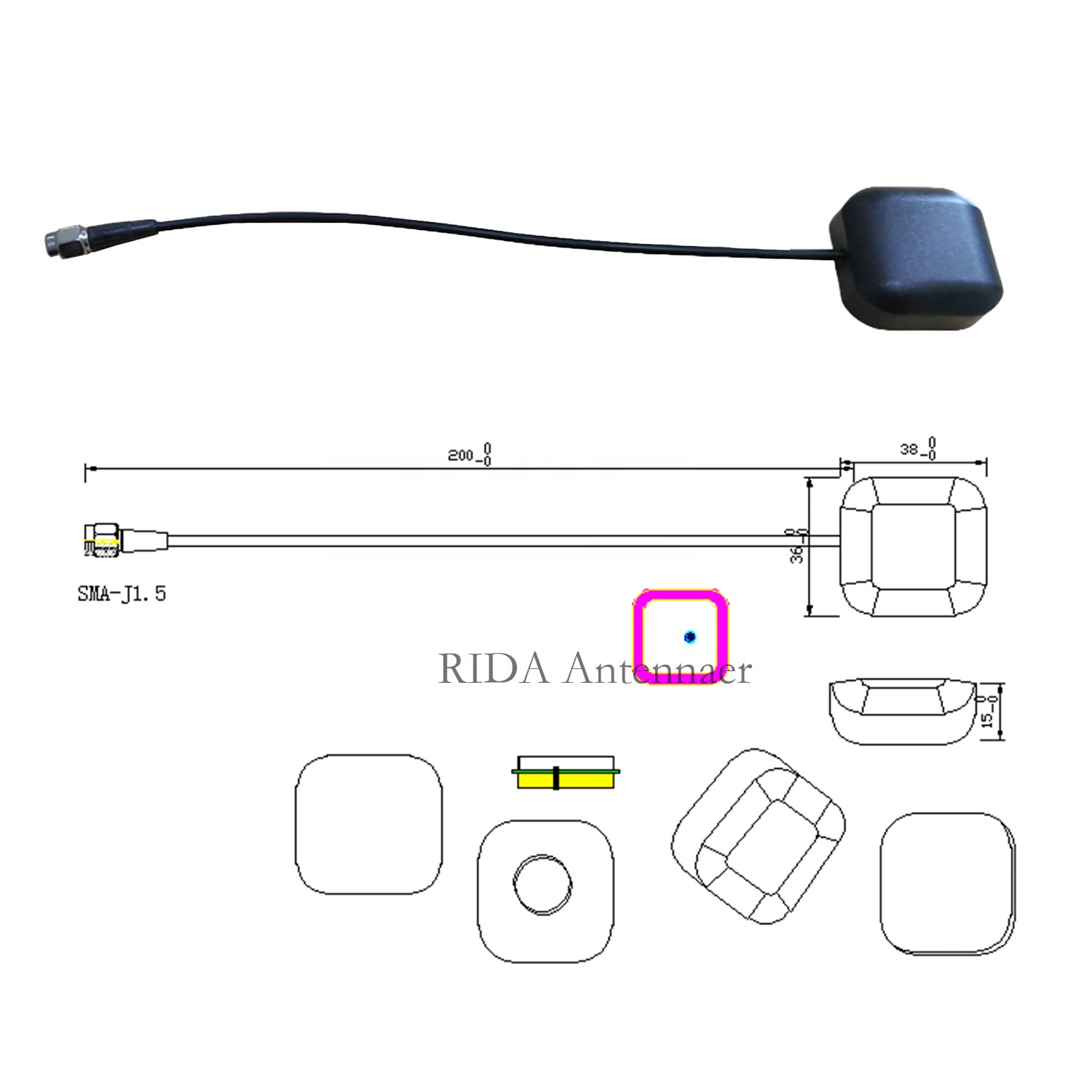 38*36*15mm Small GNSS GPS Antenna GPS GLONASS Beidou 28dBi External Antennas with Magnetic or Adhesive Car Navigation Antenna
