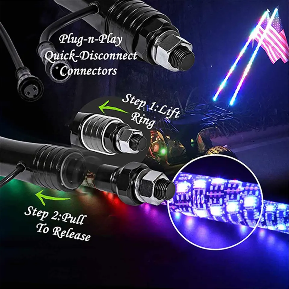 3ft 4ft 5ft 6ft Safety Whip Chasing Colors LED Lighted Whip Antennas Flag Light for ATV UTV Buggy RZR Offroad Cars