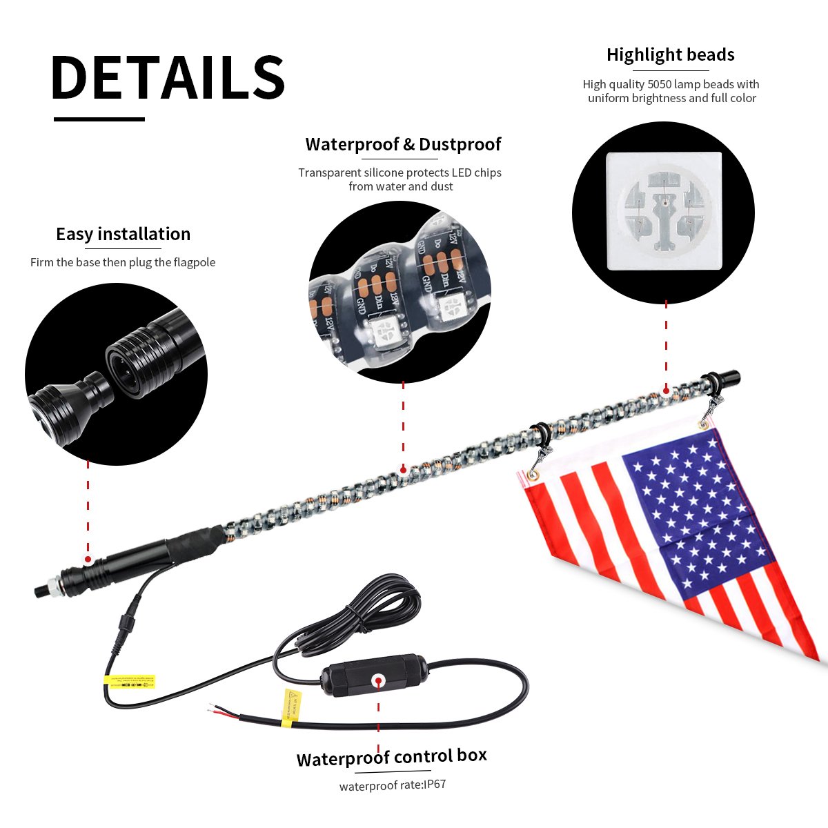 2ft 3ft 4ft 5ft 6ft Flexible Spiral RGB Offroad Flag 5150 Bluetooh UTV ATV Led Antenna Whips Light with Remote or APP Control
