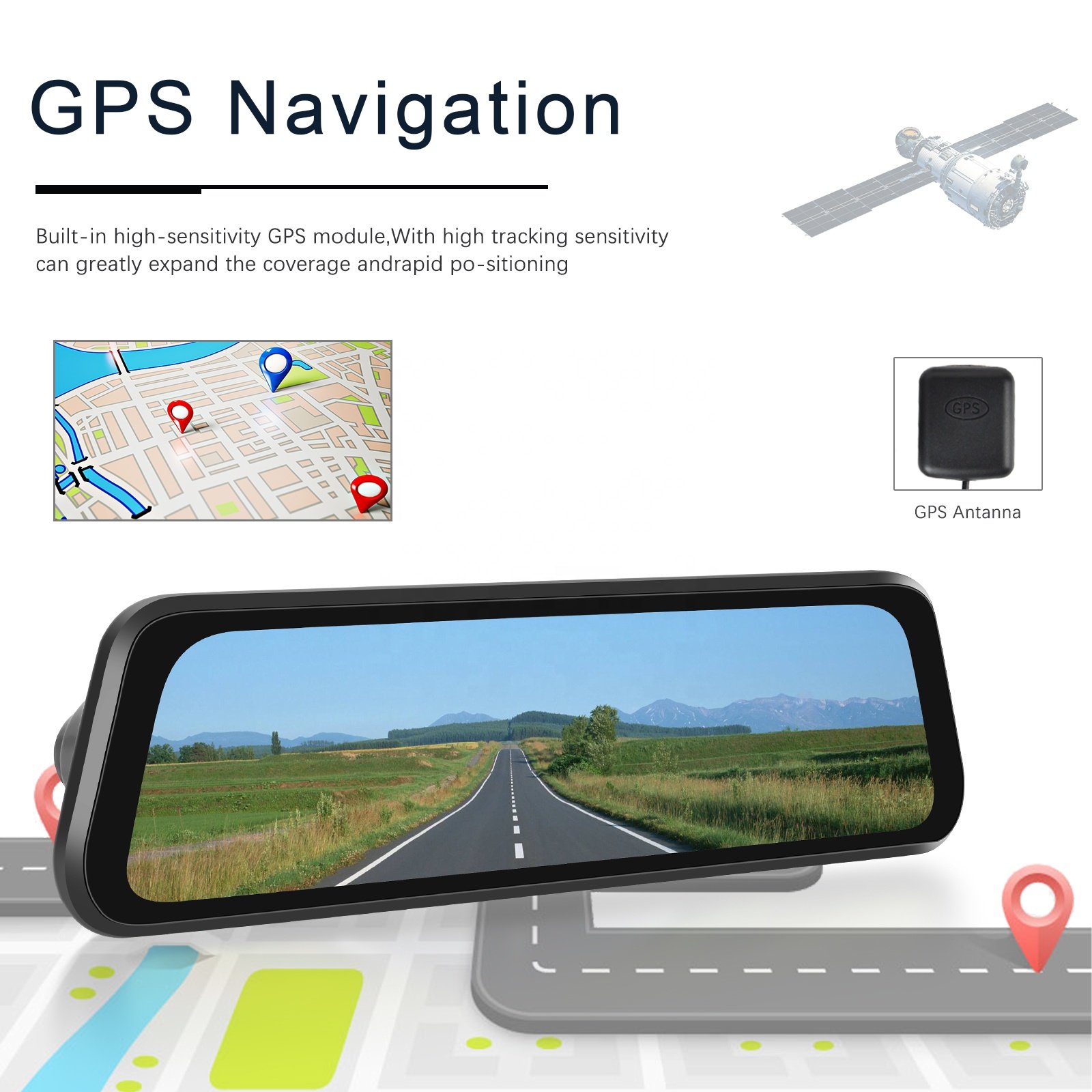 Podofo 9.66'' IPS Dual Lens Touch Split Screen GPS 4K Front Dash Cam WDR 1080P Rear Camera Loop Recorder G-Sensor Mirror DVR