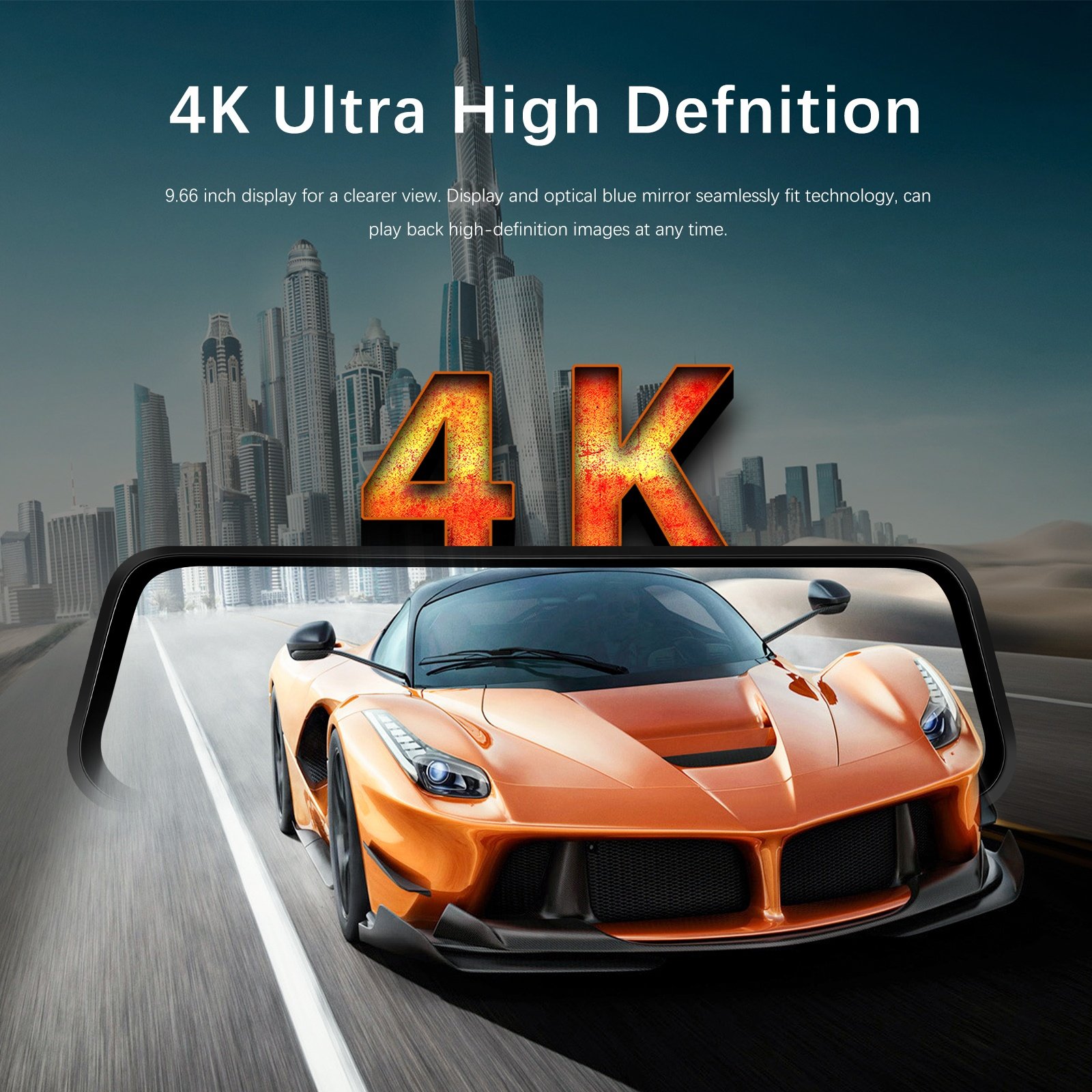 Podofo 9.66'' IPS Dual Lens Touch Split Screen GPS 4K Front Dash Cam WDR 1080P Rear Camera Loop Recorder G-Sensor Mirror DVR
