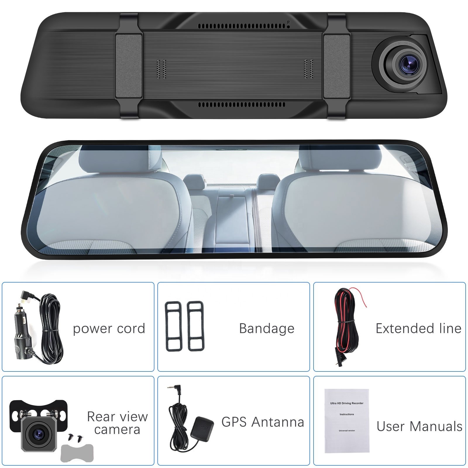 Podofo 9.66'' IPS Dual Lens Touch Split Screen GPS 4K Front Dash Cam WDR 1080P Rear Camera Loop Recorder G-Sensor Mirror DVR